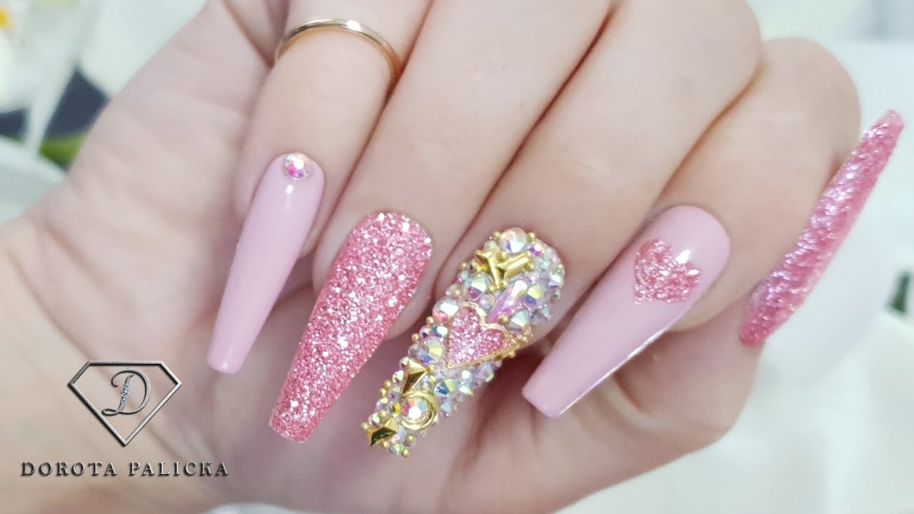 Valentines nails. Blush pink nails with sugar nail art and crystals placement.