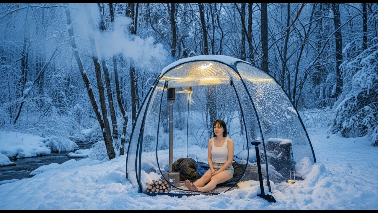 EXTREME SNOW CAMPING IN A TRANSPARENT TENT | COZY FIRE ASMR