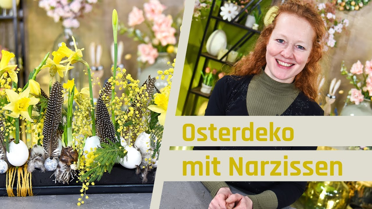 Osterdeko mit Narzissen [Blumengesteck Osterglocken und Mimose] Tischdeko Ostern