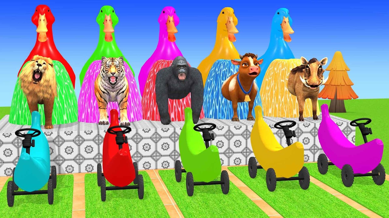 Long Slide Game With Cow Elephant Gorilla Hippopotamus Tiger 3d Animal Game Funny 3d AnimalsVideo