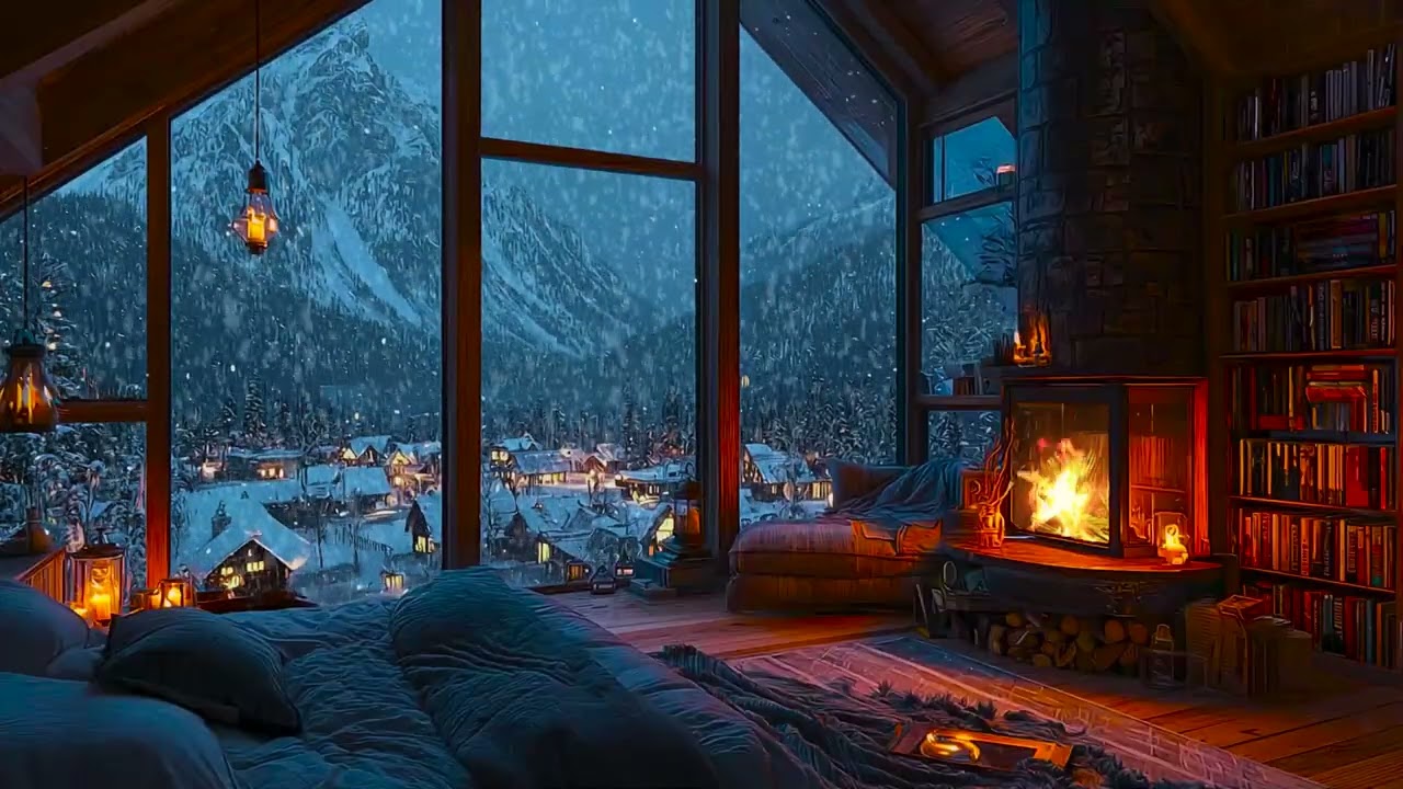 Peaceful Winter Cabin Snowfall with Soft Fireplace Crackles for Deep Sleep, Calm and Relaxation