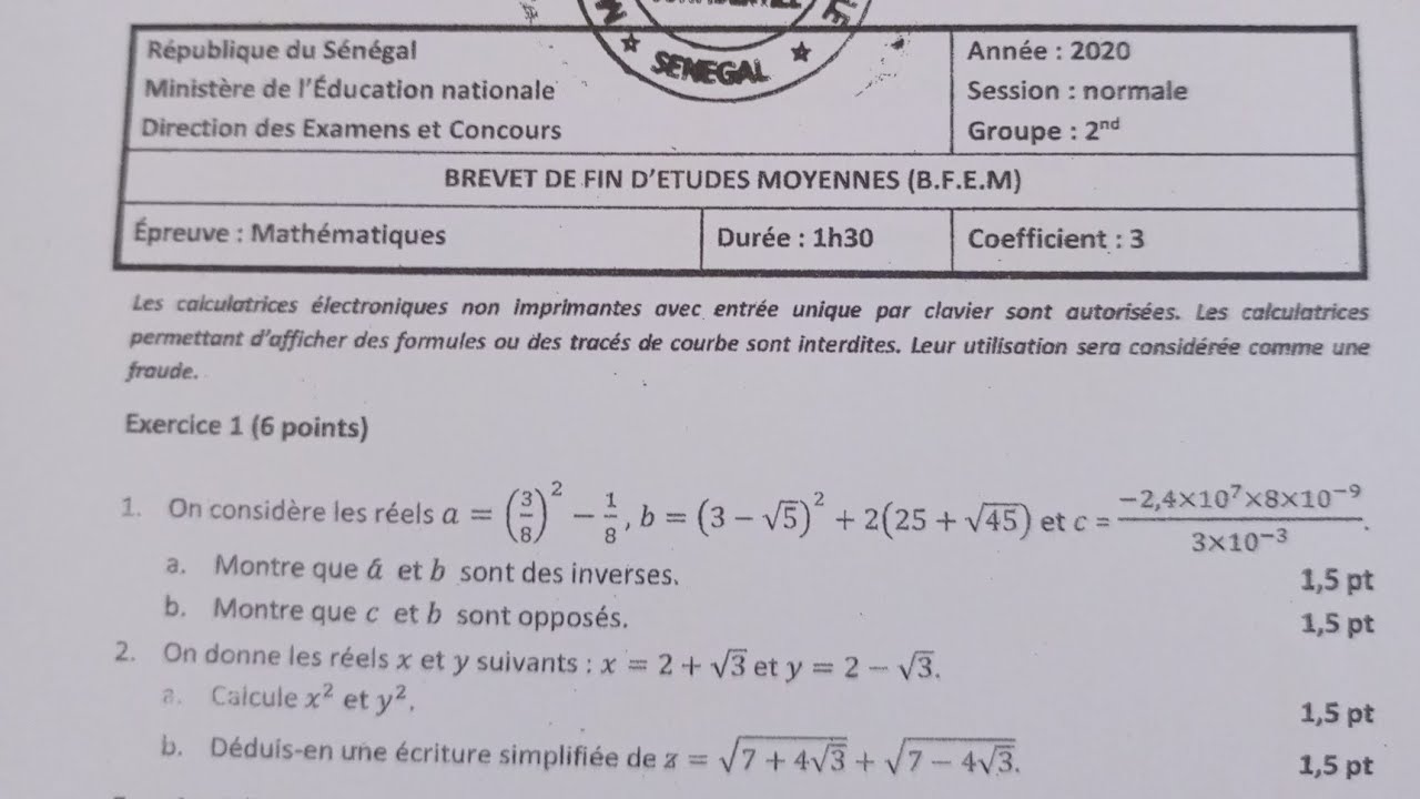 CORRECTION: Exercice 1 du BFEM 2020 (second groupe)