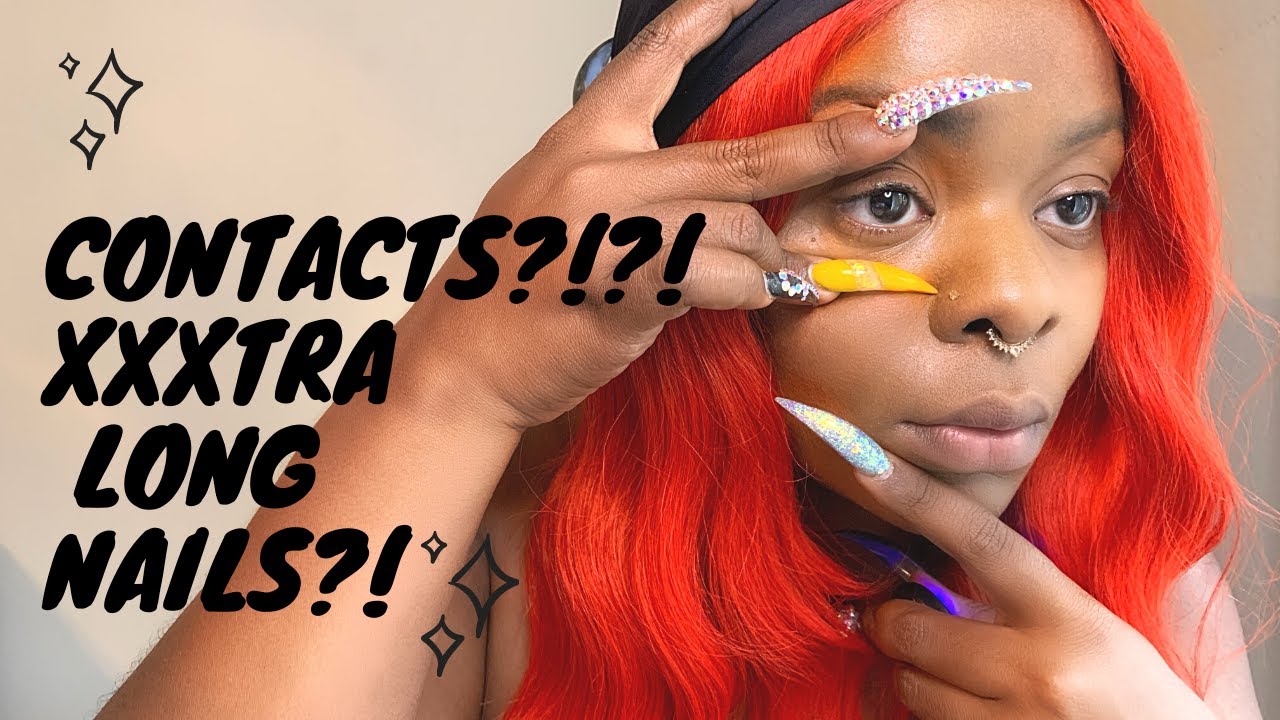 HOW TO TAKE OUT AND PUT IN CONTACT LENSES WITH EXTRA LONG ACRYLIC STILETTO NAILS