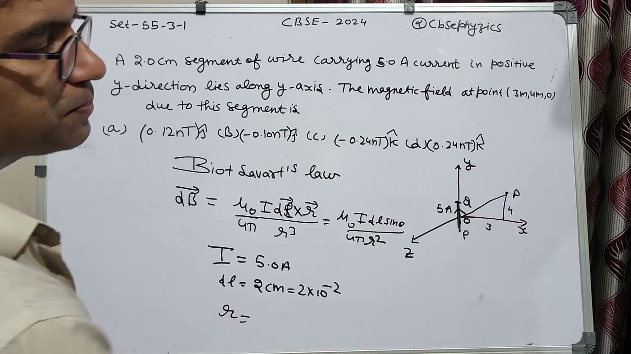 A 2.0 cm segment of wire, carrying 5.0 A current in positive y-direction lies along y-axis, as shown