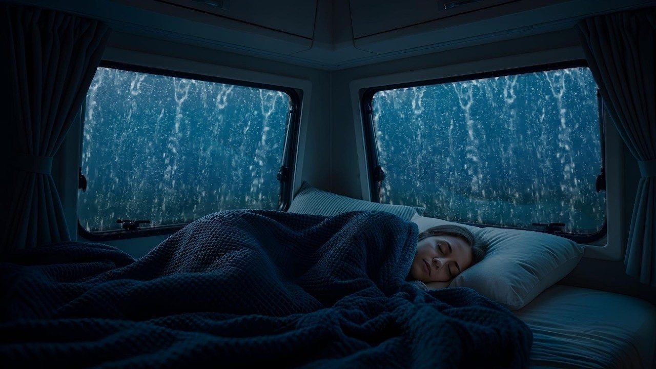 Intense Rain on Van Roof with Dark Night View | Calm Night Rain for Stress Relief