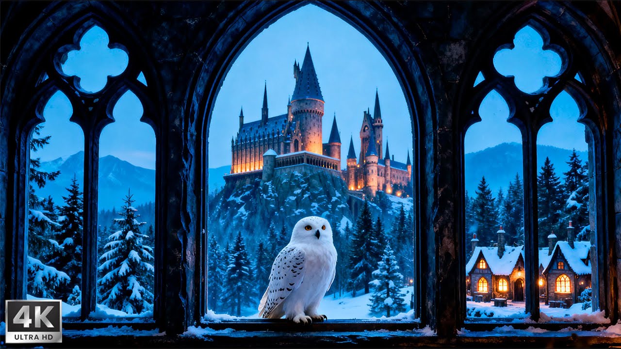 Hogwarts Magical Winter Window View – Hedwig & Calm Music for Study and Sleep 🌙