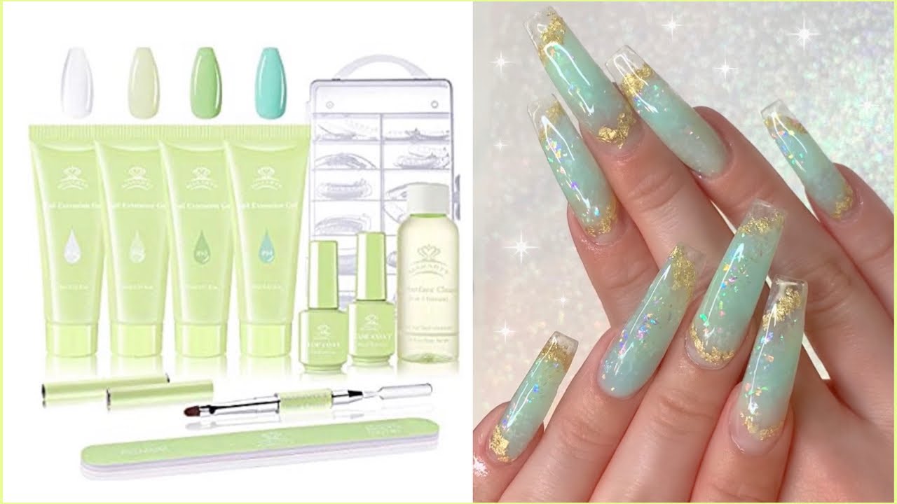 Makartt Green Polygel Kit Review | Encapsulated Light Green Glitter Foil Fire Opal Polygel Nails