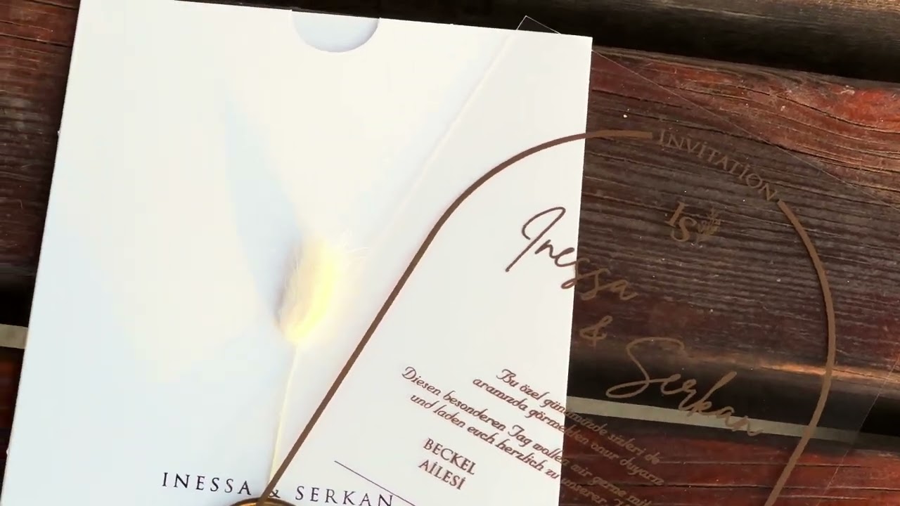 Clear Acrylic Wedding Invitation with Gold Print, White Envelope, Gold Wax Seal & Dried Flower