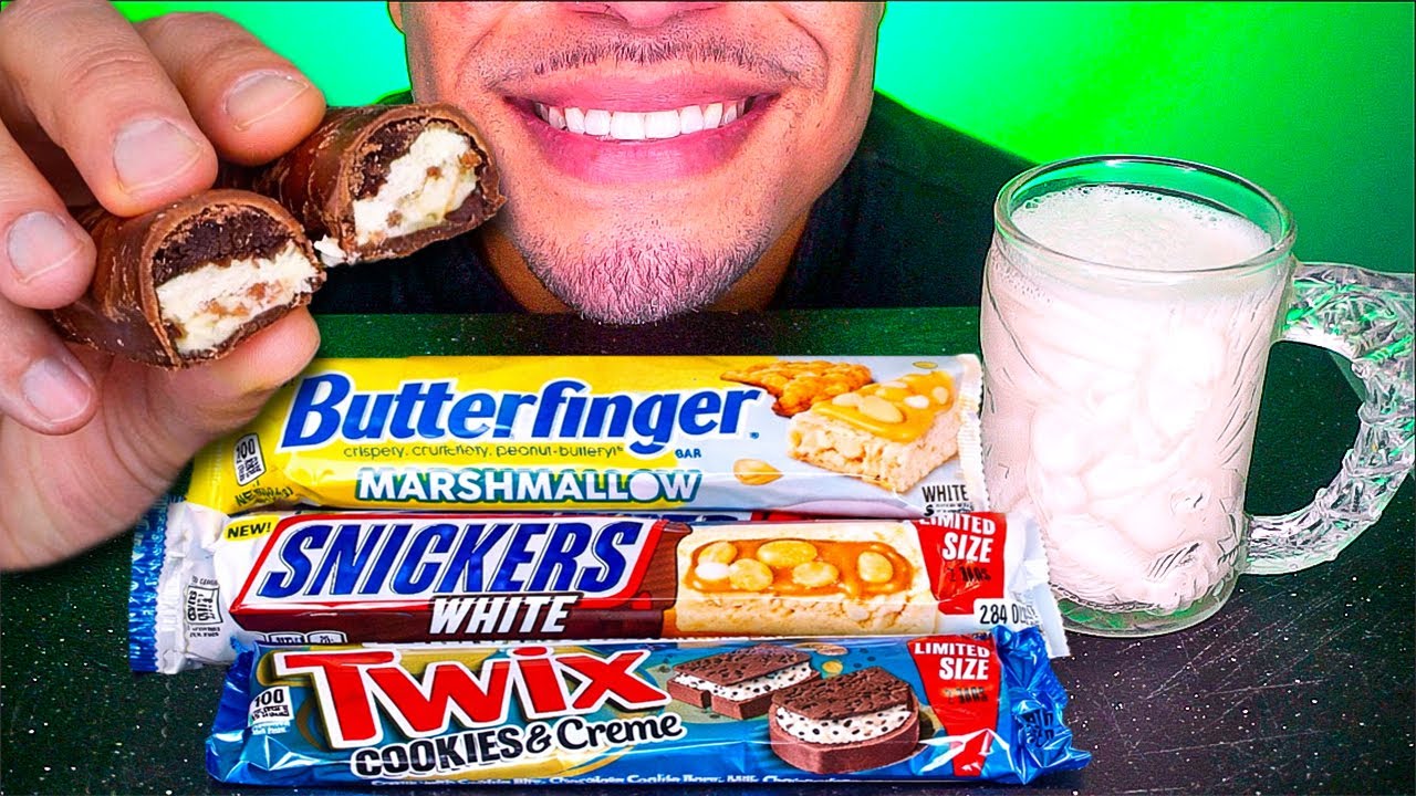 ASMR EATING & CRUNCHING | TWIX COOKIES & CREME SNICKERS WHITE BUTTERFINGER MARSHMALLOW WITH MILK