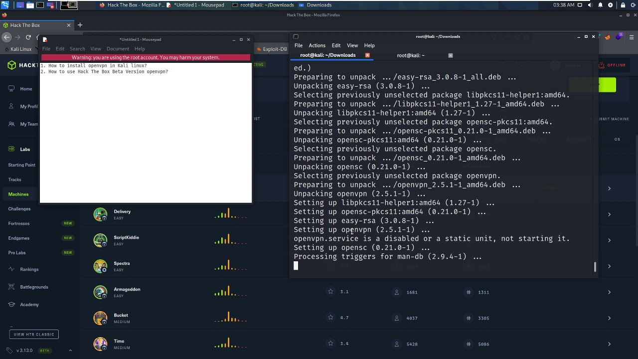 Hack The Box and Kali Linux openvpn communication