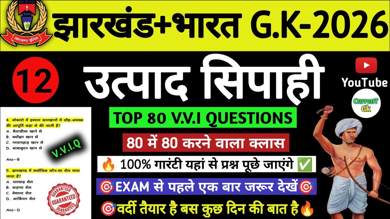 उत्पाद सिपाही परीक्षा 2026//🎯 Jharkhand Gk 🔥// Excise Constable MCQ Gk | Field Worker Gk