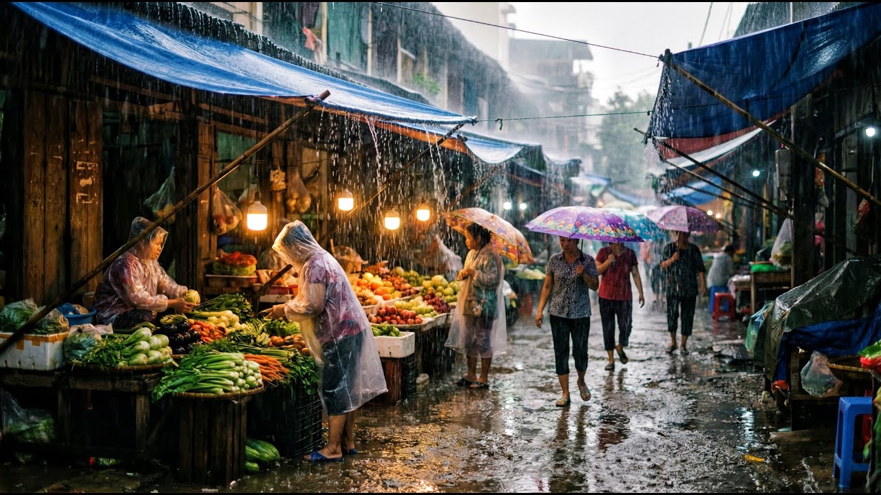Walking in the pouring rain at a traditional Indonesian market, trading activities contin