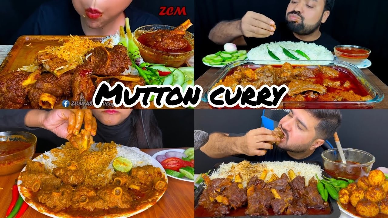 ASMR; EATING SPICY MUTTON CURRY+SPICY WHOLE CHICKEN CURRY WITH RICE+GREEN CHILLIES+EXTRA GRAVY