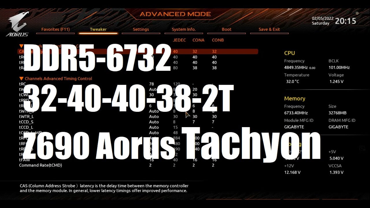 2x16GB DDR5-6732 CL32 on the Z690 Aorus Tachyon // Hynix memory chips