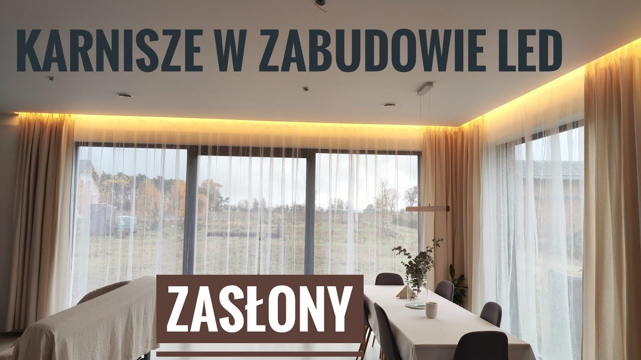 Zasłony w zabudowie LED na karniszu aluminiowym.