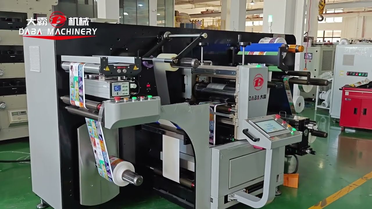 Intermittent semi rotary die cutting slitting rewinding machine with laminating running video