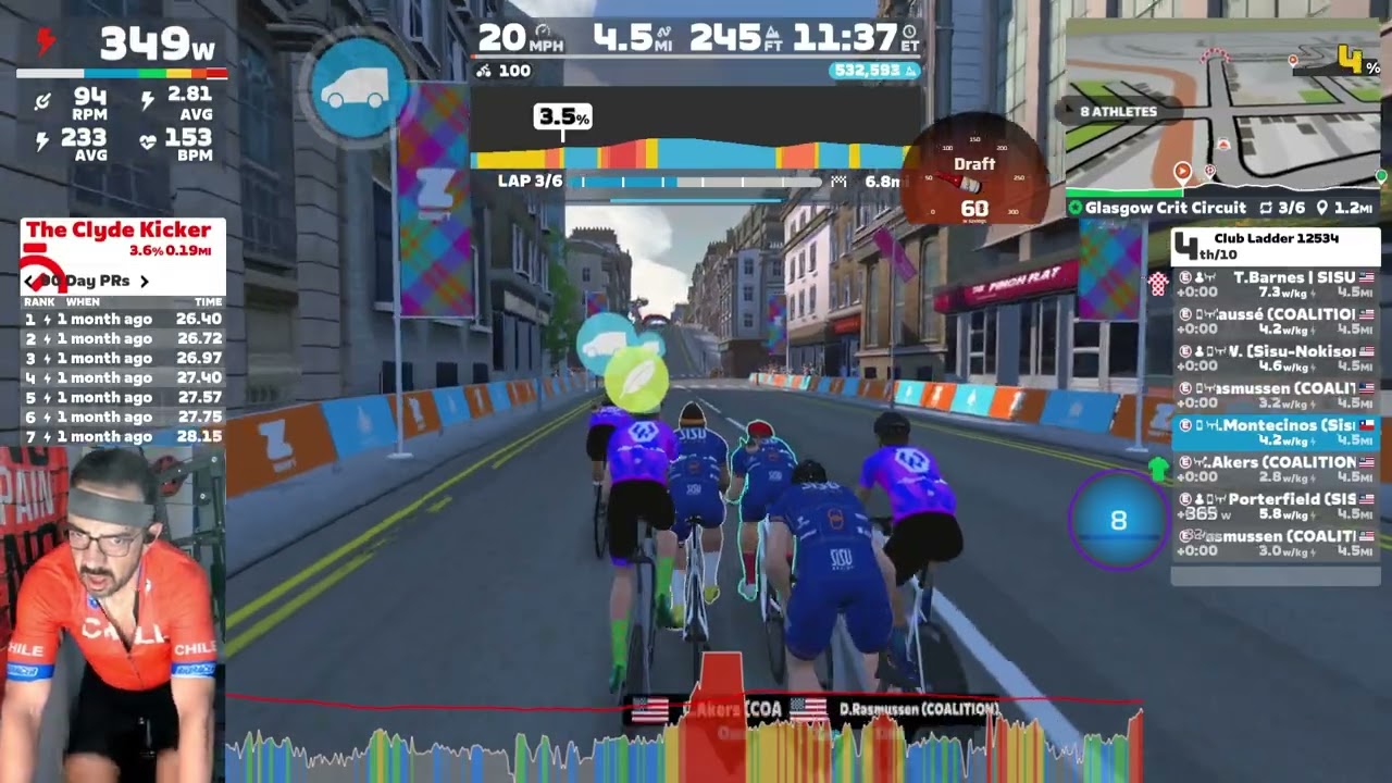 Zwift Club Ladder Race Sisu Nokisorsa vs Coalition Merclonia on Glasgow Crit Circuit in Scotland