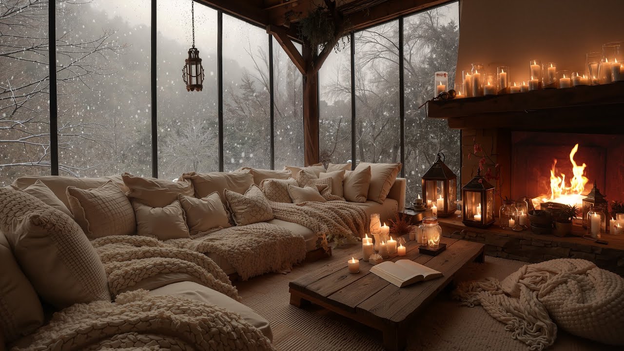 Warm Cabin in the Winter Forest ❆ Soft Piano & Fireplace Ambience for Relax & Focus