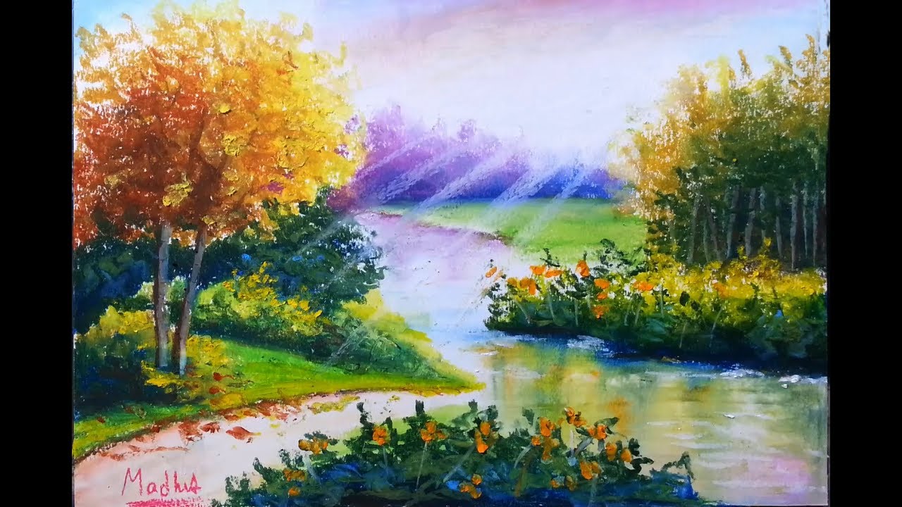 Riverside Scenery - Drawing Nature using oil pastel - How to use oil pastels - oil pastel lesson