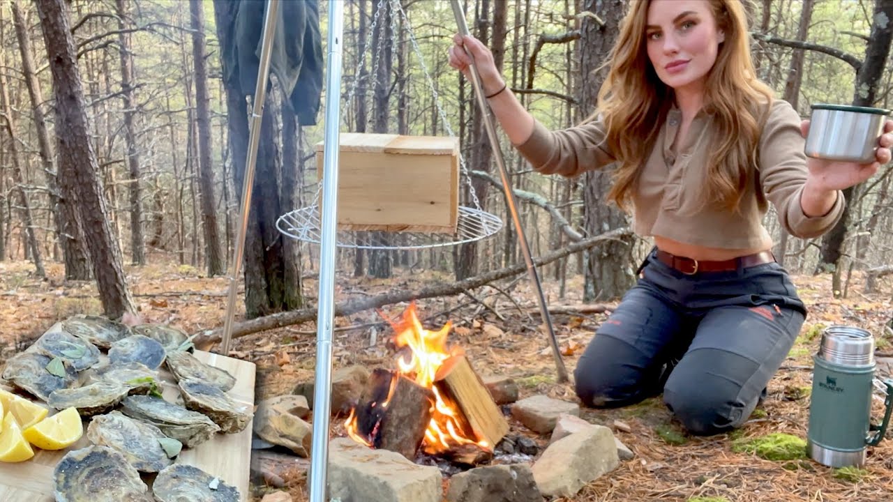 Sage + Cedar Smoked Oysters cooked on campfire solo in the woods. ASMR cooking. No talking.