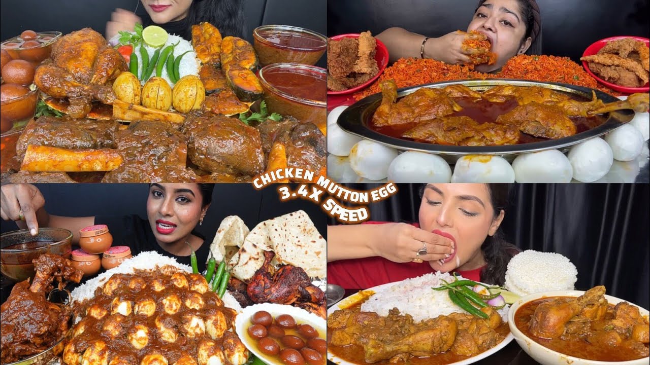 ASMR: Eating Chicken Mutton Fish Egg Curry Eating Challenge 😍😋 with basmati rice Mukbang