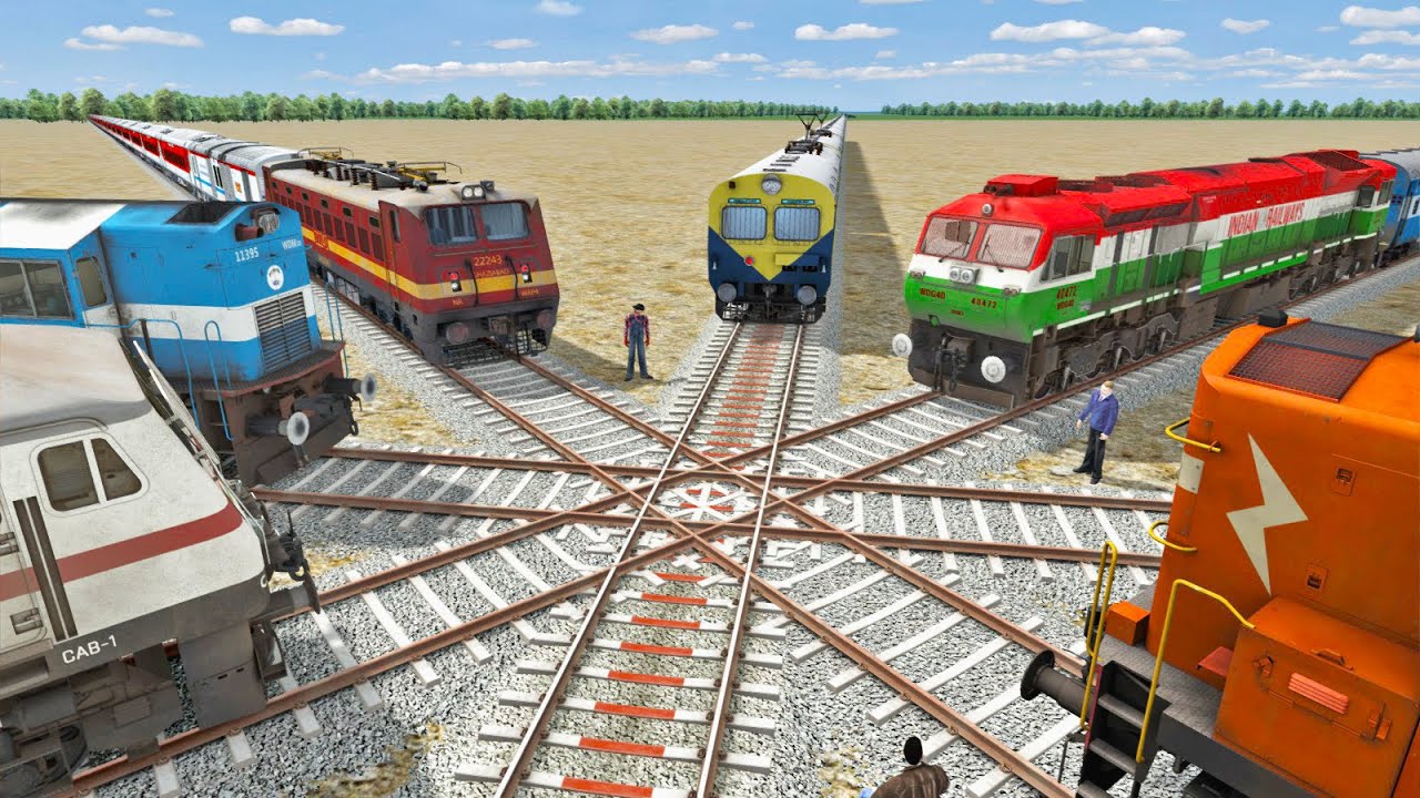 Six Trains at Forked Railroad :- Cross Each Other at Diamond Crossing :-: Train Simulator