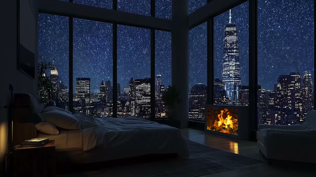 Soft Piano Music, Heavy Rain & Warm Fireplace Sounds 🌙 Sleep & Relax Ambience