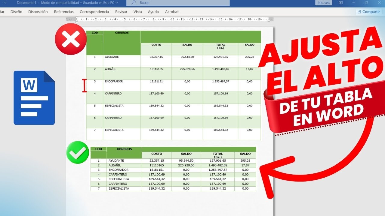 como ajustar el alto de las filas en tablas de word