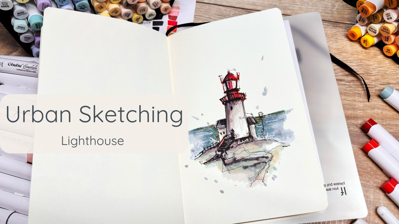 Lighthouse Urban Sketch 🌊 | Line Art & Ohuhu Marker Coloring