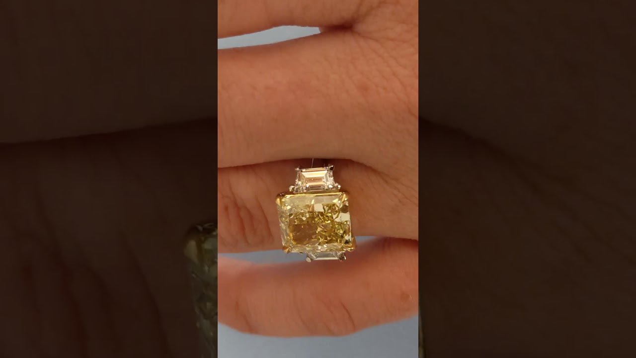 Radiant Cut Engagement Ring, Art Deco Three Stone Diamond Ring, Yellow Lab Diamond Ring