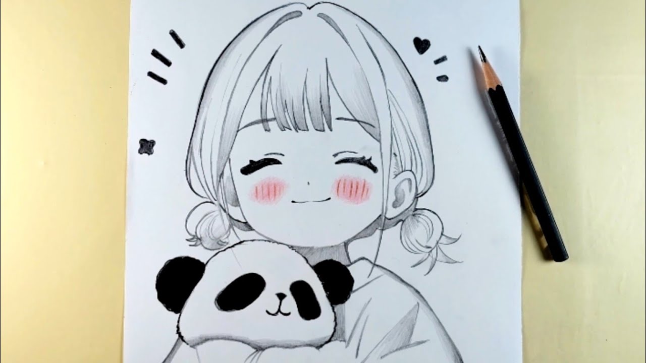 Cute Anime Girl Drawing with a panda 🐼 | For beginners 