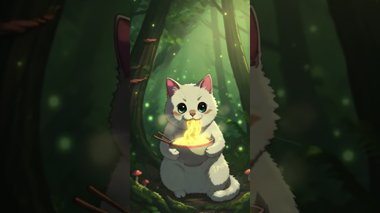 Adorable Cartoon Cat Eating Ramen 🐾🍜. 