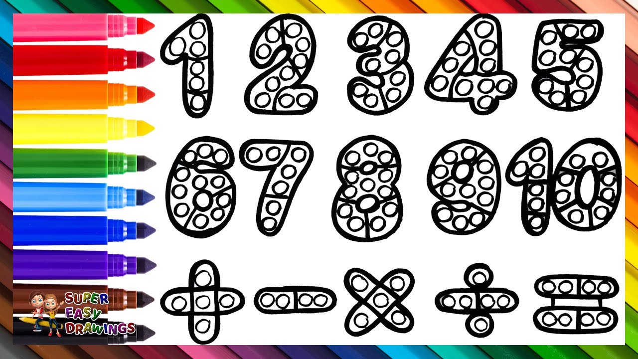 Draw and Color Numbers and Math Symbols POP IT 1️⃣–🔟 ➕➖🟰✖️➗🔴🟠🟡🟢🔵🟣🌈 Drawings for Kids