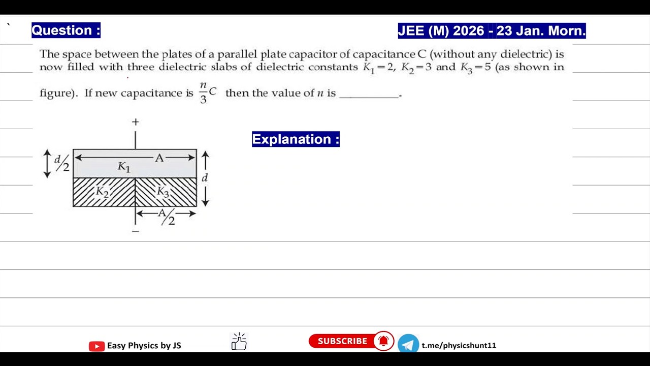 Capacitor with Multiple Dielectrics I PYQ I JEE(M) 2026 (23 Jan Mor.)