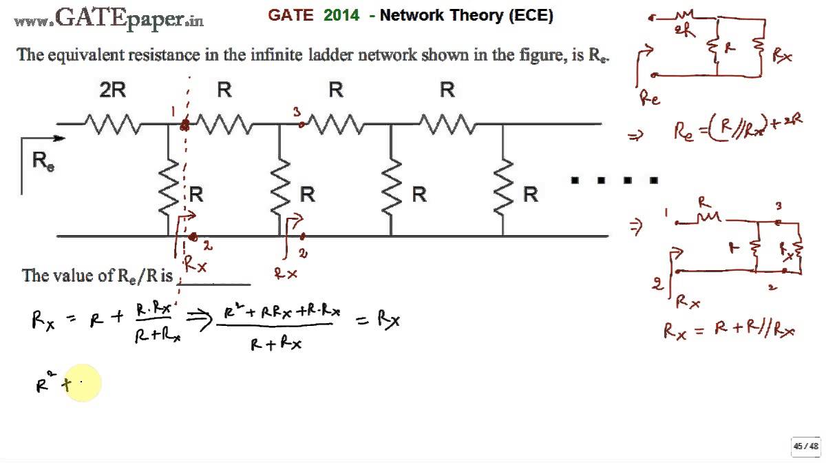 GATE 2014 ECE Equivalent resistance in the infinite ladder network shown is Re, Find Re R