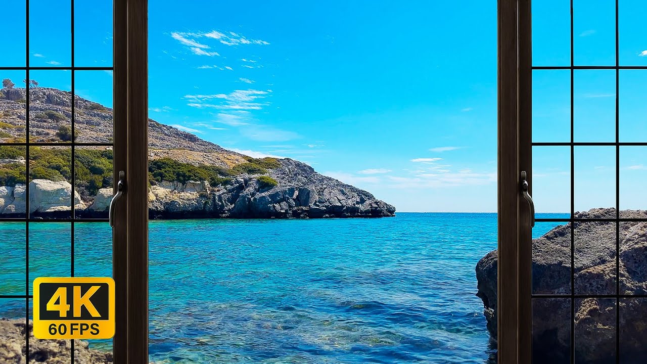 4K sunny Greece Beach window view - Relaxing, Calming, Ambience