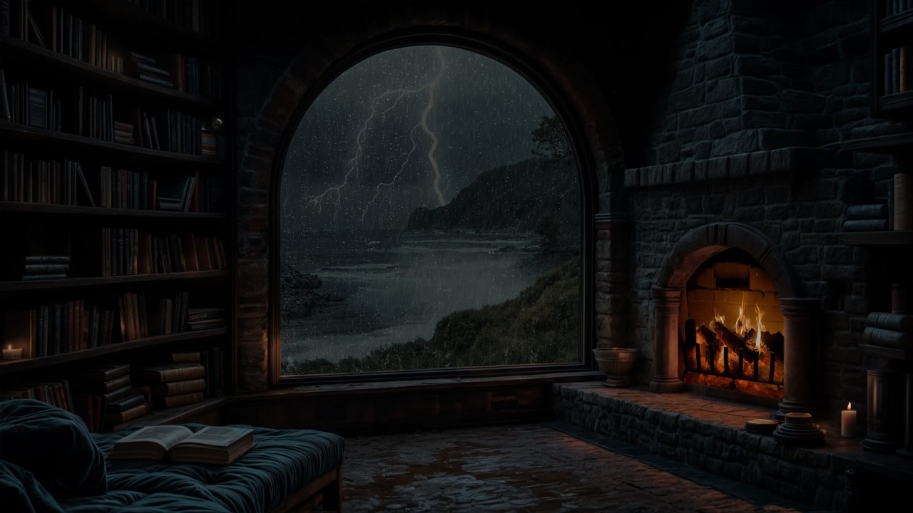 Thunderstorm Sounds for Sleeping⛈️Seaside Porch Rain & Crackling Fireplace for Relax, Study (No Ads)