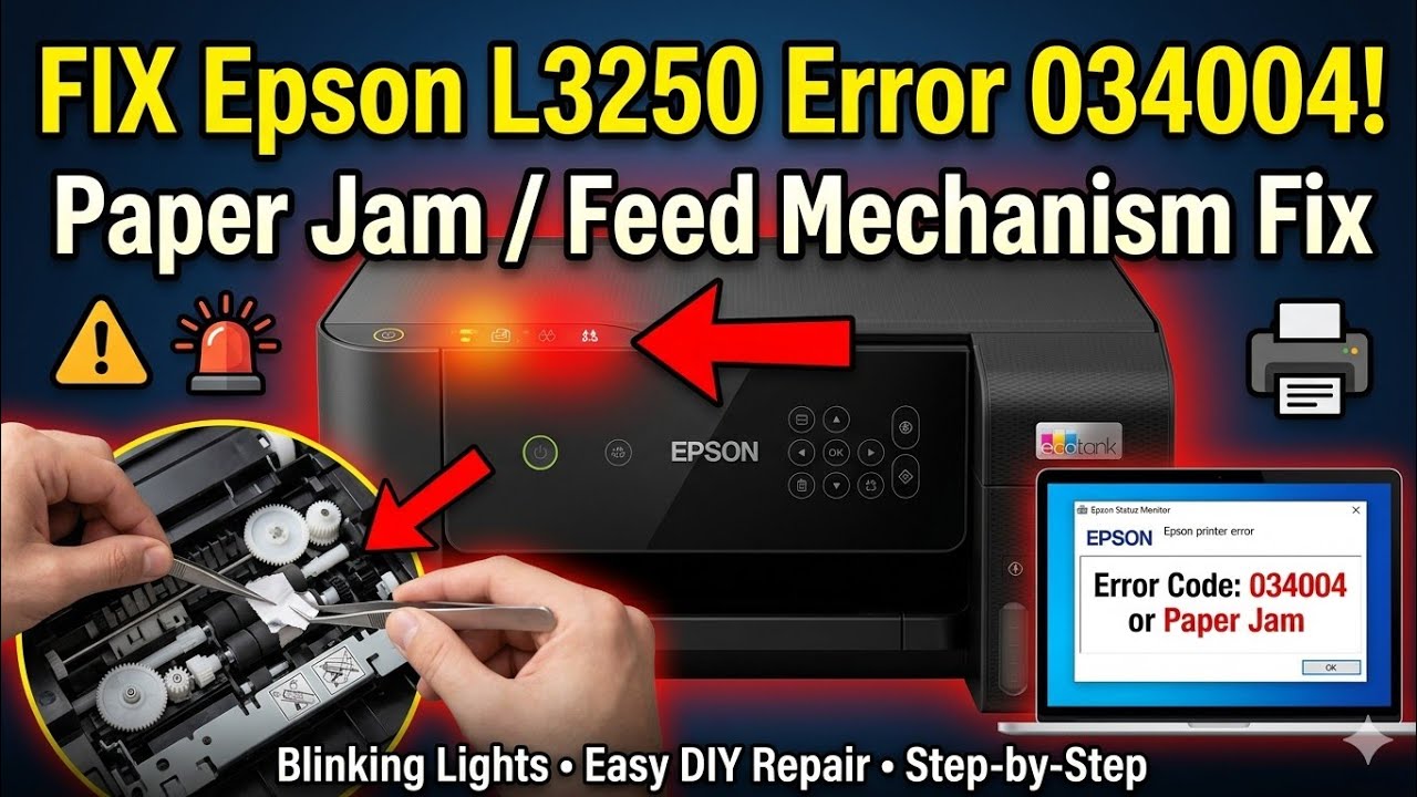 How to Fix Epson L3250 error code 034004 a paper jam or a the printer's paper feed mechanism.