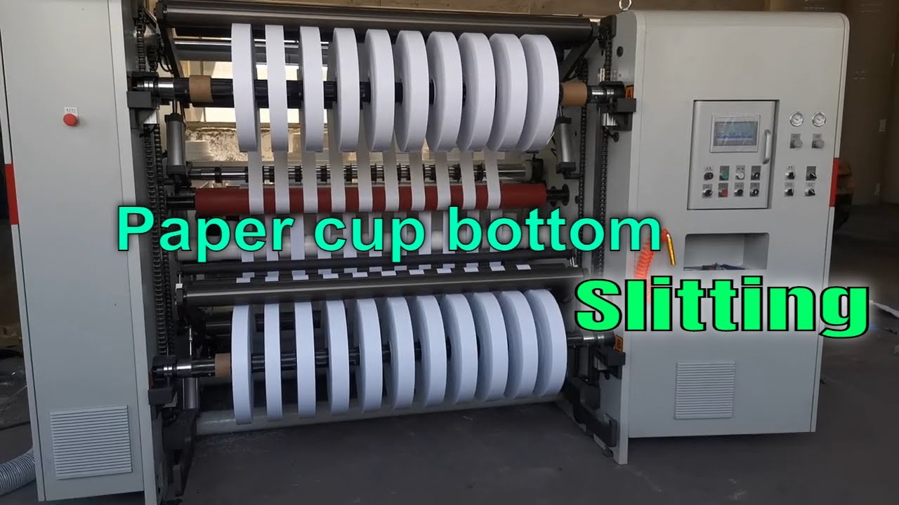 Paper roll slitter with shaftless unwinding for cup bottom rewinding