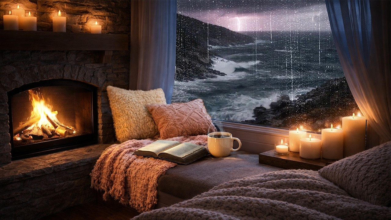 Stormy Ocean Night & Cozy Fireplace 🌊🔥 Rain, Waves & Fire Sounds for Sleep