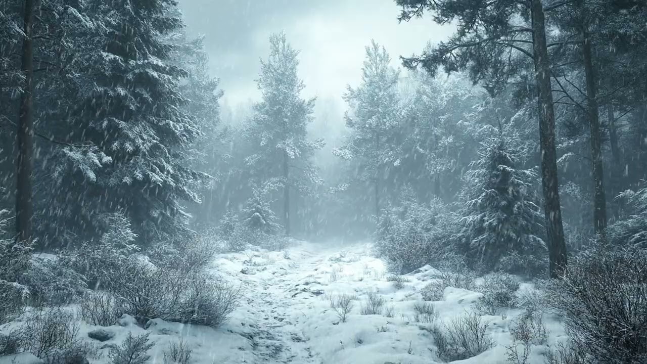 Snow Drifting Over Hills and Trees in a Peaceful Winter Landscape
