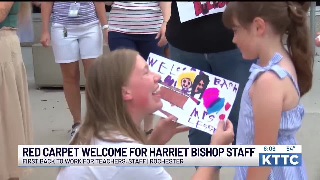 Harriet Bishop Elementary staff surprised with red carpet welcome Tuesday