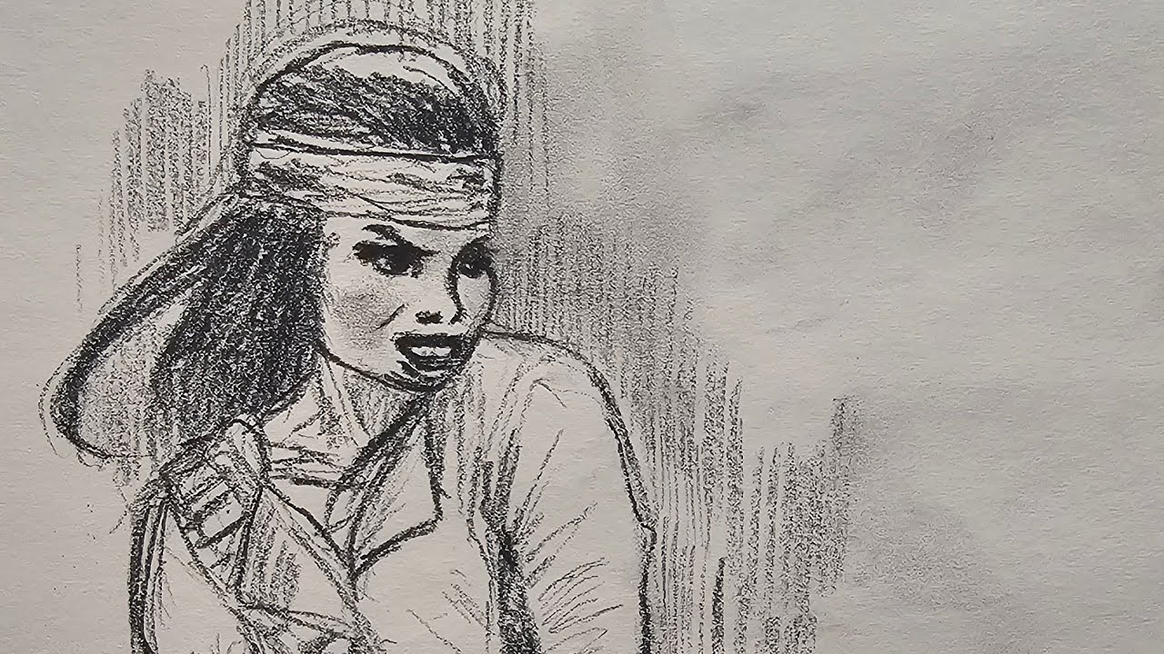 drawing an action pose of a woman holding a rifle