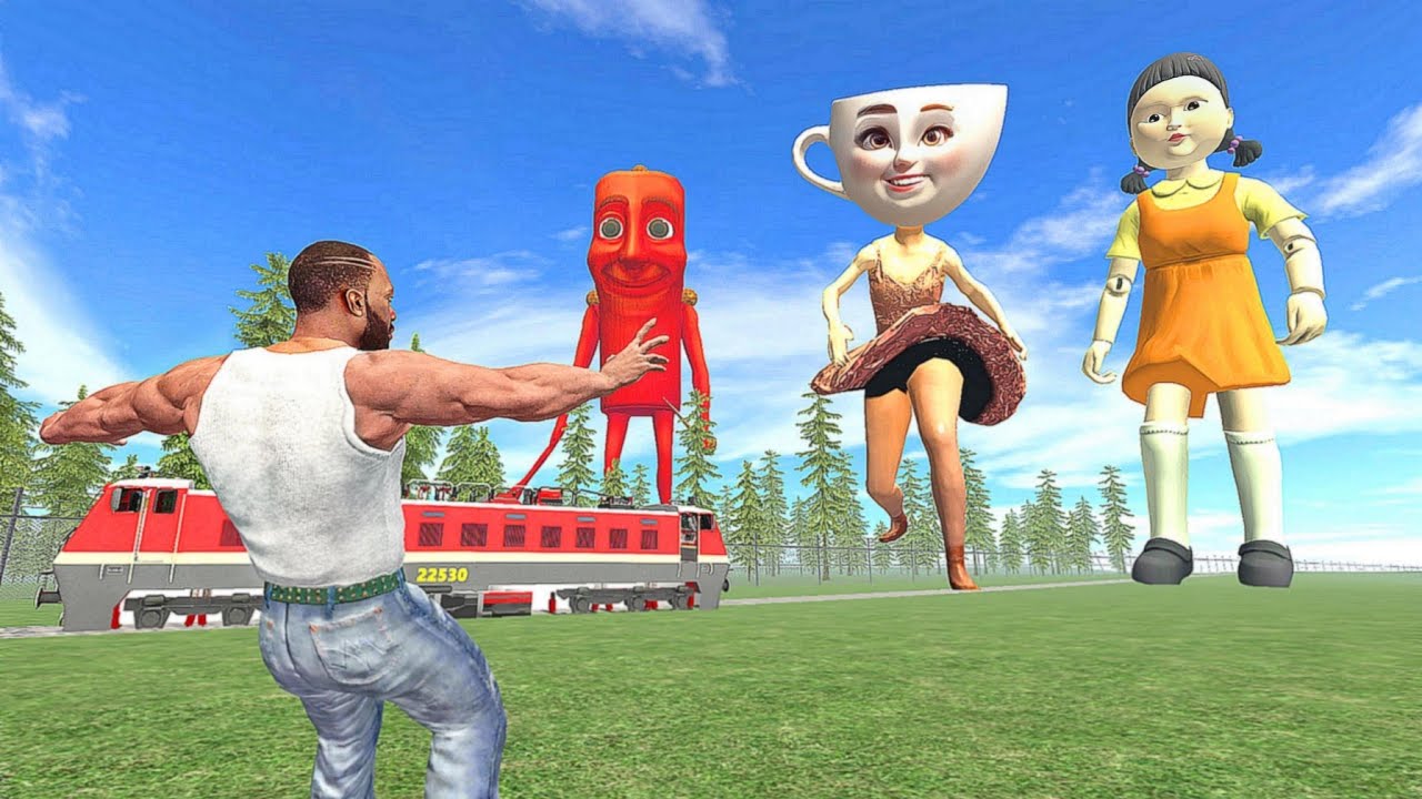 Squid Game Doll vs Ballerina Cappuccina & Franklin In Indian Bike Driving 3d