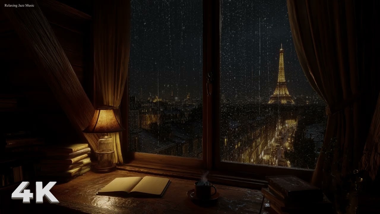 Warm Rainy Paris Street View Room 🌧️ Gentle Jazz & Night Rain for Relaxing, Studying & Working Alone