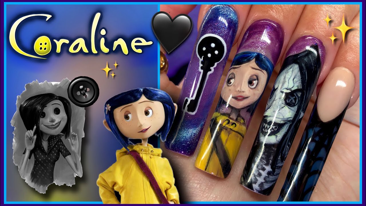 XXL Coraline Acrylic Nails! 🤩🖤 Hand Painted Nail Art | Using Mia Secret & Saviland | DIY Tutorial