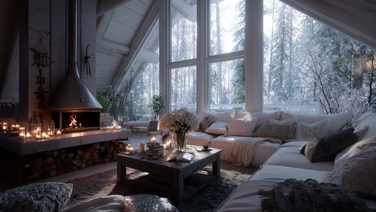 The Magic of Winter Piano: Warm Cabin Fireplace and Snowy Window for a Productive Day