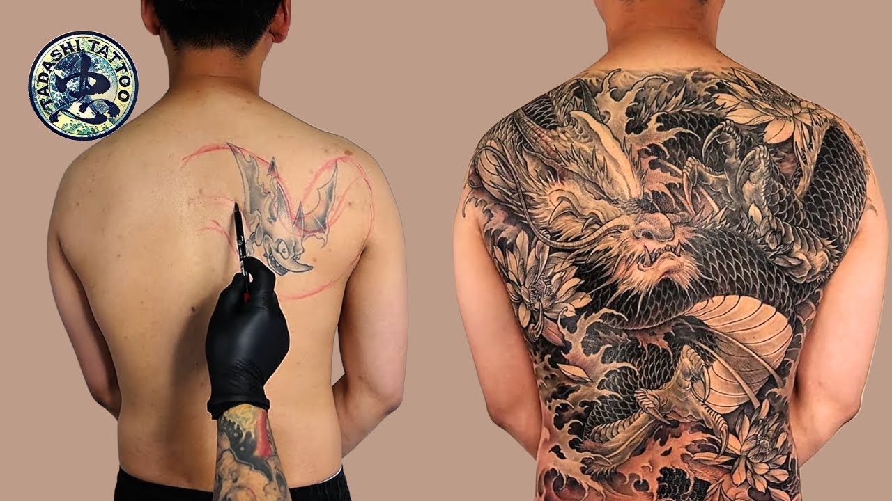 Cover Tattoo - Dragon Tattoo Full Back - Freehand Tattoo done by Trung Tadashi