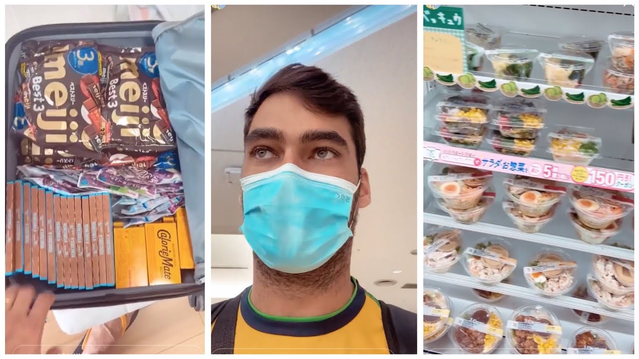 [日本語訳]コンビニ飯に興味津々！帰国前の空港内コンビニで商品リポート&お菓子で一杯のスーツケースを紹介しているブラジル人コーチの動画