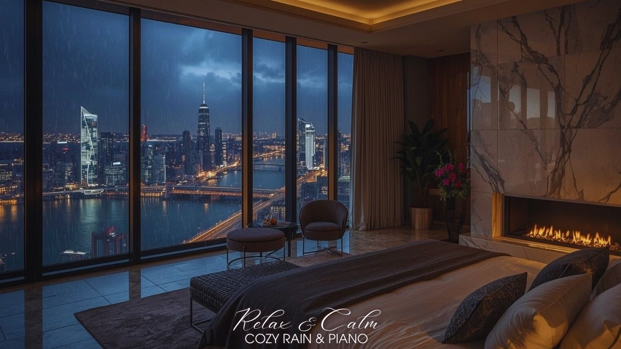 Rainy Night City, Fireplace & Soft Piano 🌧️🔥🎹 | Luxury River Skyline | Deep Sleep 24/7